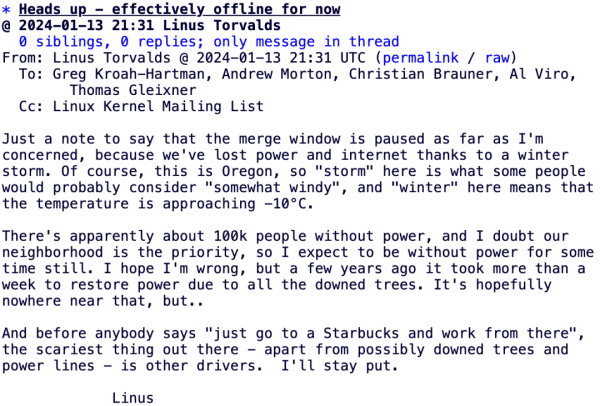 冬季风暴导致Linus Torvalds暂停Linux 6.8内核开发